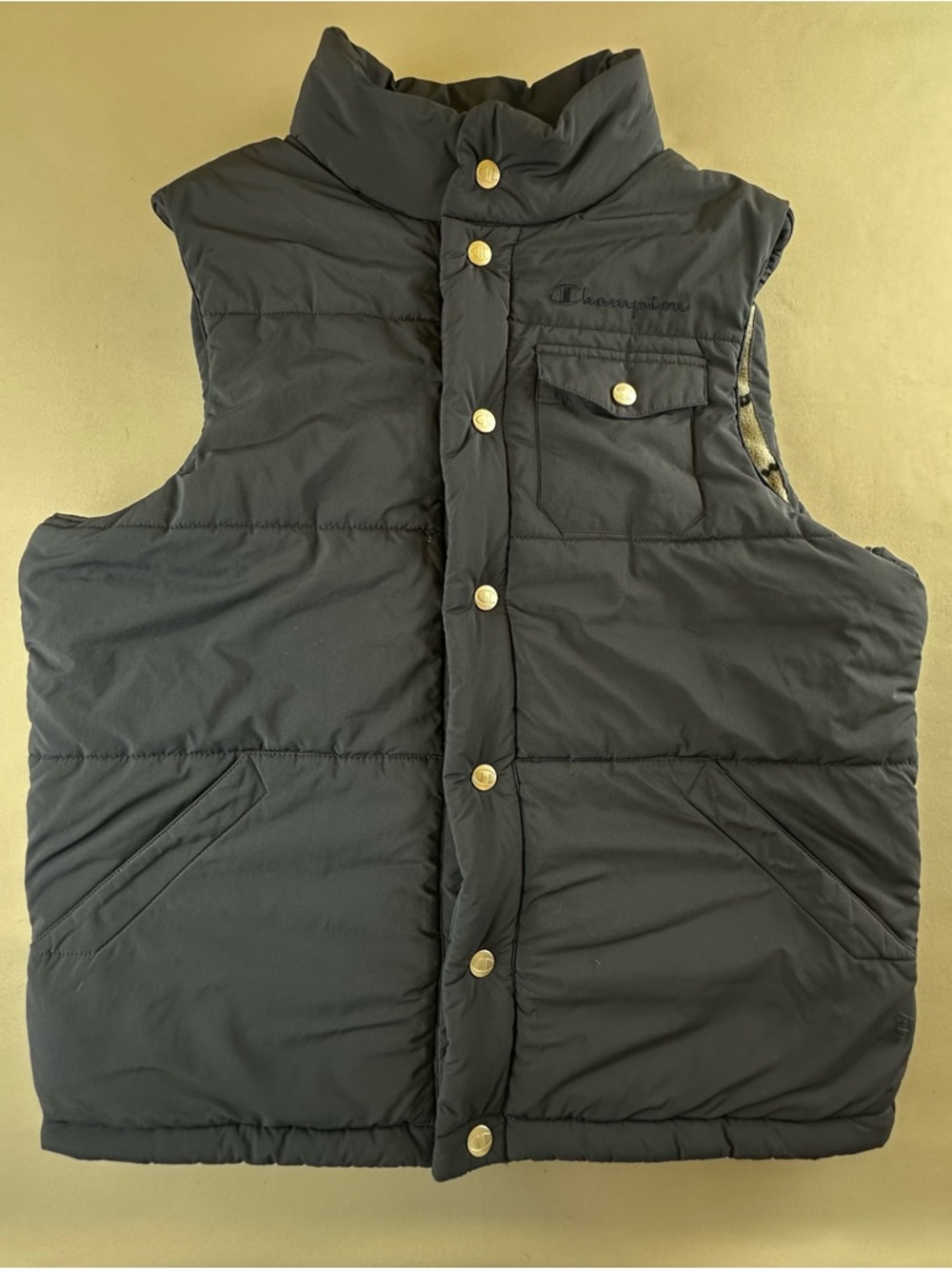 Champion Men's Black Quilted Vest with Gold Snap Buttons